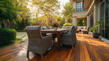 New wooden deck with patio furniture in backyard.