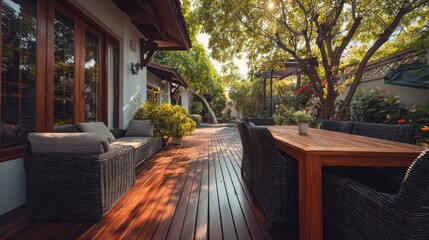 New wooden deck with patio furniture in backyard.