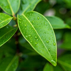 Fototapeta premium Close-up of vibrant green leaves with water droplets (1)