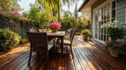 New wooden deck with patio furniture in backyard.