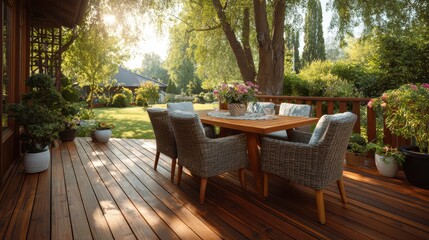 New wooden deck with patio furniture in backyard.