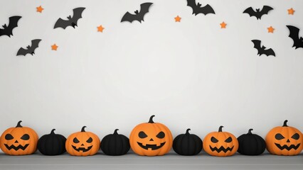 Fototapeta premium Halloween-themed scene featuring decorated pumpkins and bats on a plain wall, creating a festive atmosphere.