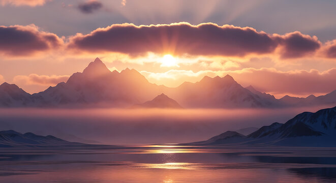 Majestic mountain range silhouetted against a vibrant sunset over calm water - Powered by Adobe