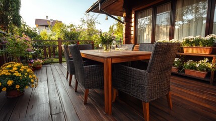 New wooden deck with patio furniture in backyard.