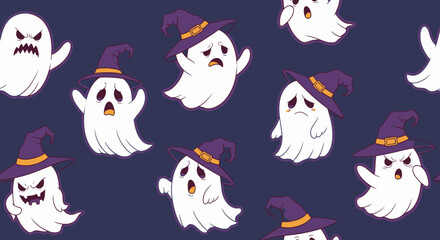 A seamless pattern of cute and spooky cartoon ghosts wearing witch hats with various expressions on a dark background.