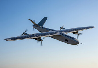 Cutting-edge solar-powered unmanned aerial vehicle (UAV) in flight, featuring advanced photovoltaic cells on its wings for extended endurance and sustainable aerial operations
