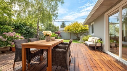 New wooden deck with patio furniture in backyard.