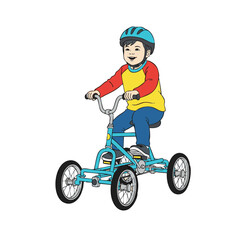 Smiling young boy wearing a helmet joyfully rides a special four-wheel adaptive bicycle, an illustration of childhood fun and inclusive mobility