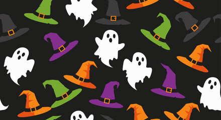 Halloween themed pattern featuring ghosts and witch hats in various colors on a black background.