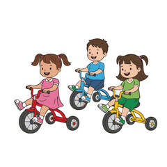 Three happy children riding tricycles in a vibrant outdoor setting