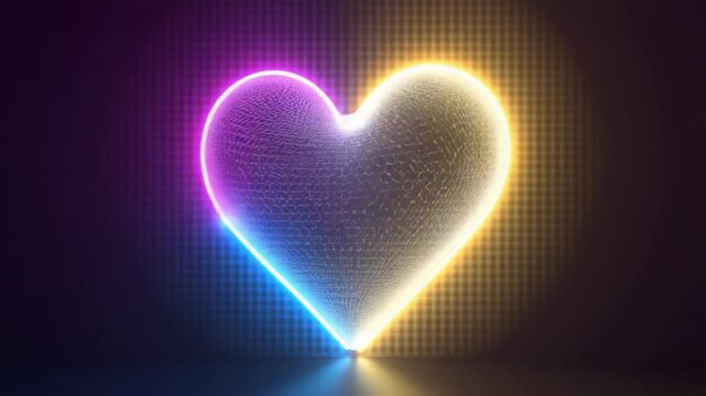 Abstract 3D techno futuristic wireframe heart shape valentine love neon rainbow retro animation. 4K 30 fps romance seamless loop wallpaper