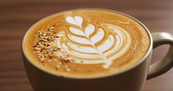 Creamy latte art in a cozy caf? setting