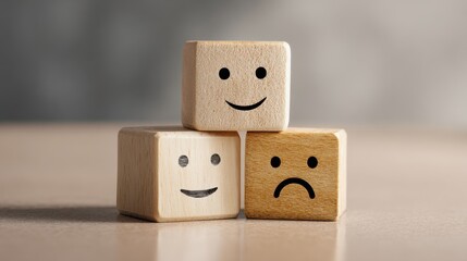 Wooden Blocks with Smiley Face and Sad Face Representing Emotions and Mood in Family and Childhood Play Settings