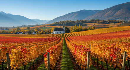 Autumnal Vineyard with Colorful Leaves and White Church in Landscape