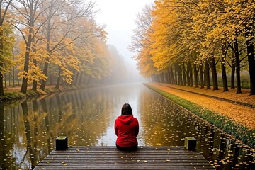 Woman Contemplating Autumn Canal Scene - Autumnal/Fall themes