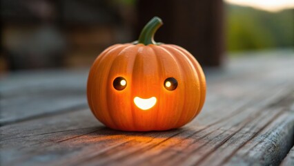 A smiling pumpkin with a glowing face sits on a wooden surface, capturing a cheerful autumn ambiance.