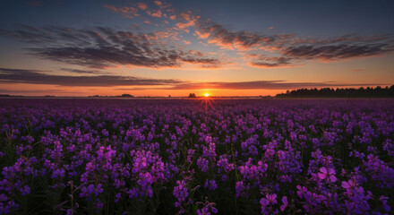 Purple Flower Field Under Colorful Sunrise Sky Landscape
