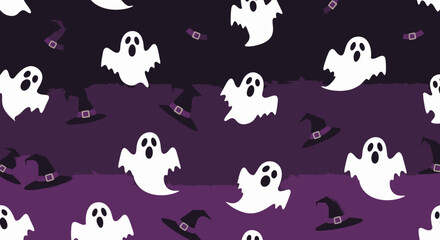 A Halloween-themed pattern featuring cartoon ghosts and witch hats scattered across a purple background.