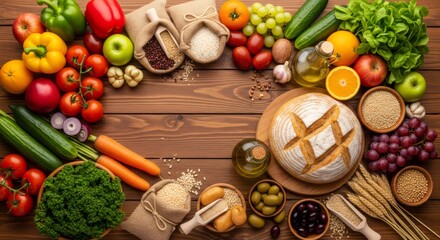 Fresh vegetables, fruits, grains and bread framing empty space on wooden table