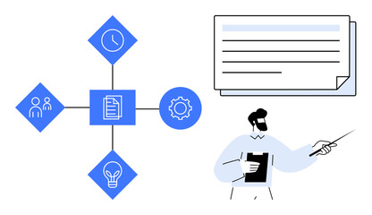 Professional discussing connected infographic elements thumbs up teamwork, time, lightbulb idea, document, and workflow gear. Ideal for project management, team collaboration, education, time