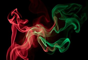 Obraz premium Crimson and emerald smoke wisps swirling on a stark black backdrop, fantasy, design