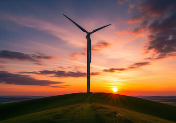 Wind Turbine on a Hill at Sunset A Symbol of Sustainable Energy and a Beautiful Landscape