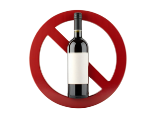 Wine bottle with blank label and red prohibition sign isolated on white background, concept of no alcohol, ban, restriction, or stop drinking