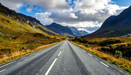 Naklejka premium A scenic mountain road stretches into the distance under a partly cloudy sky