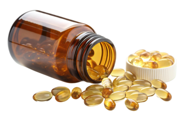 Brown glass pill bottle with golden softgel capsules spilled isolated on white background