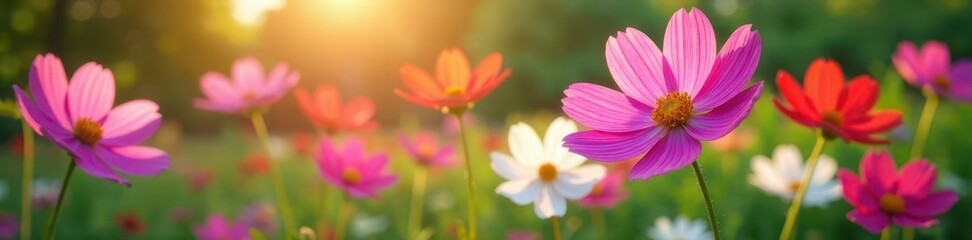 Cosmos flowers bloom vibrantly in a garden setting , beauty, greenery, close-up