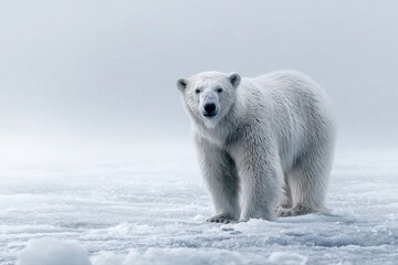 Majestic polar bear stands alert on icy tundra under soft, misty Arctic light