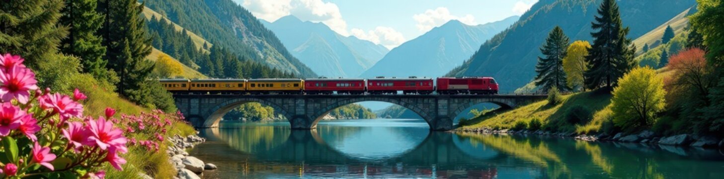 Tranquil train crossing river, blooms, mountain backdrop, snow, river