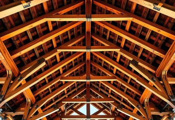 Intricate wooden roof trusses viewed from below, showcasing craftsmanship, craftsmanship, farmhouse