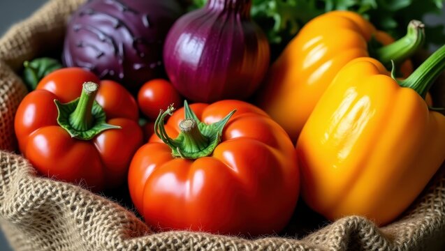 A burlap sack overflows with vibrant red and yellow bell peppers, a deep red cabbage, a purple onion, and a small tomato; fresh greens peek from behind