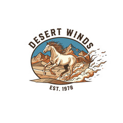 A desert landscape with a horse running amidst dust and mountains.