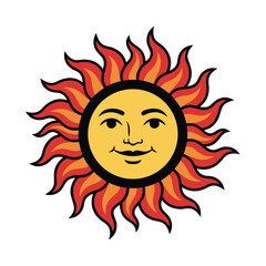 A happy, stylized sun with fiery rays. in detailed view.
