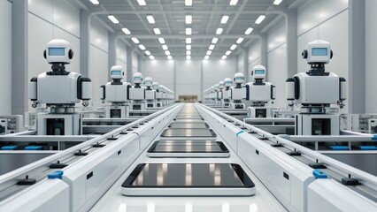 Obraz premium A futuristic factory filled with robotic arms assembling products in a sleek, high-tech environment.