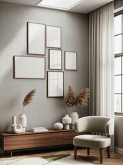 Mockup poster frames in minimalist living room interior with natural textures and Scandinavian decor elements