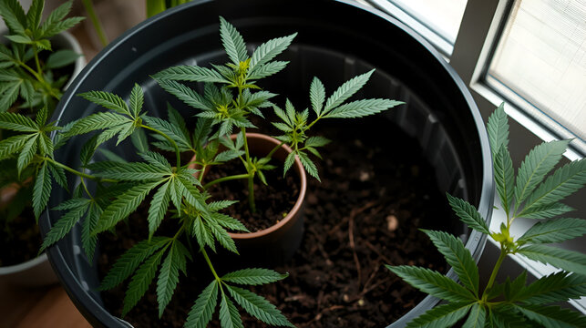 transplanting a young marijuana plant from a small pot into a large container with prepared soil, the process of transplanting a cannabis sprout into a large bucket at home
