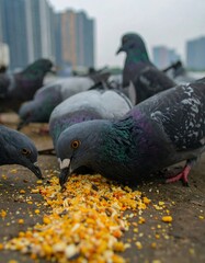 Fototapeta premium Pigeons Feeding in Urban Setting