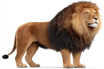Obraz premium Full view of a majestic lion, standing alert against a white background