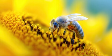 Captivating close-up of a fuzzy bee collecting golden pollen from a vibrant sunflower in bright sunlight