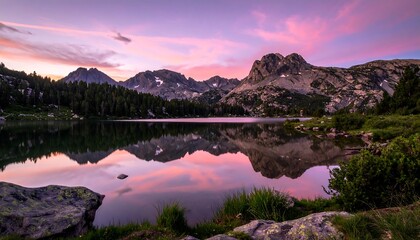 Lake reflects dusk mountains