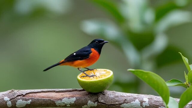 Vibrant minivet perched on citrus fruit, enjoying a tropical snack in nature