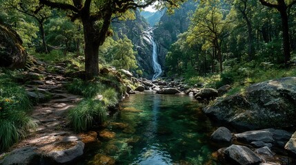 Fototapeta premium waterfall in untouched rainforest with pool reflecting greenery, mist and soft light creating magical mood
