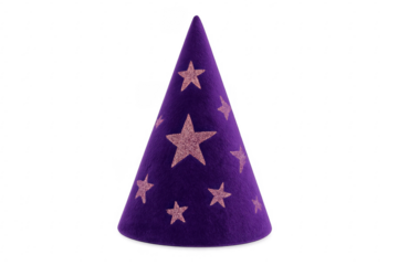 Purple wizard hat with pink stars on transparent background