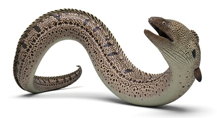 Spotted Moray Eel with Distinctive Pattern, Coiled and Displaying Teeth, Isolated on White Background with Shadow