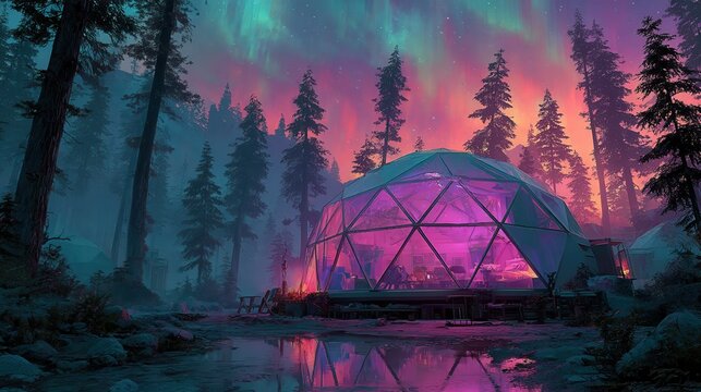 Modern geodesic dome glowing in neon purple light, futuristic architectural concept