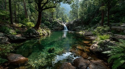 Obraz premium Waterfall in untouched rainforest pool refreshing natural landscape tropical paradise