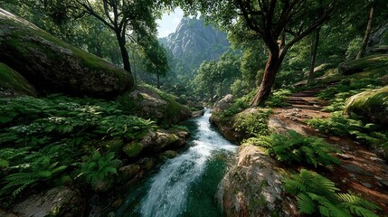 Waterfall in untouched rainforest pool refreshing natural landscape tropical paradise